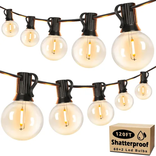 Vista 10 de Luces de Cadena LED para Exteriores de 50 Pies Impermeables, Brillantes 2700K, Luces de Cadena para Patio LED con 27 Bombillas Globo G40