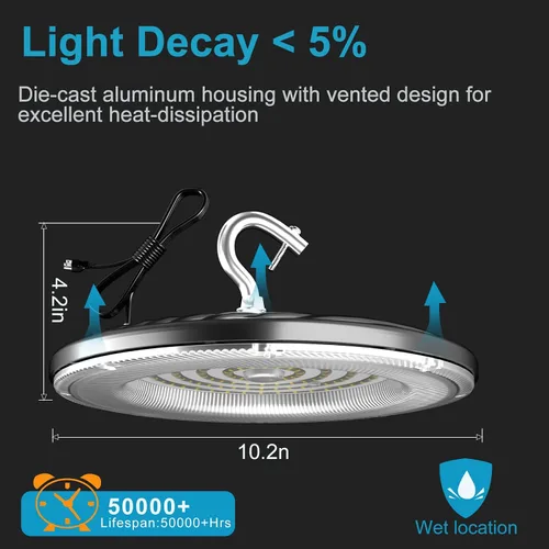 Vista 7 de Lightdot Smart 200W LED High Bay Light 30000lm UFO High Bay Shop Light, AC100-277V 5000K Luz de día con enchufe para granero/garaje de 22-32 pies