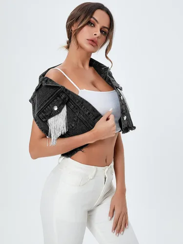 Vista 4 de Verdusa Chaleco de mezclilla sin mangas con flecos para mujer