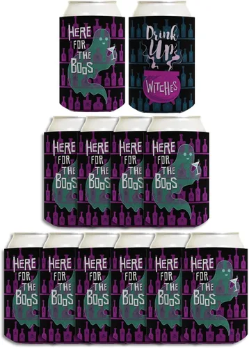 Vista 30 de Decoración espeluznante de Halloween Bebe brujas aquí para los abucheos 2 caras Paquete de 2 termoenfriadores ultra delgados para latas