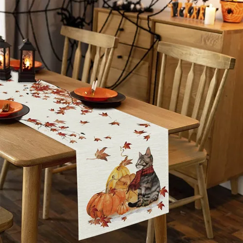 Vista 4 de GAGEC Camino de mesa de otoño, calabazas, gato, hoja de arce, cosecha de otoño, decoración de Acción de Gracias de temporada para el hogar, cocina