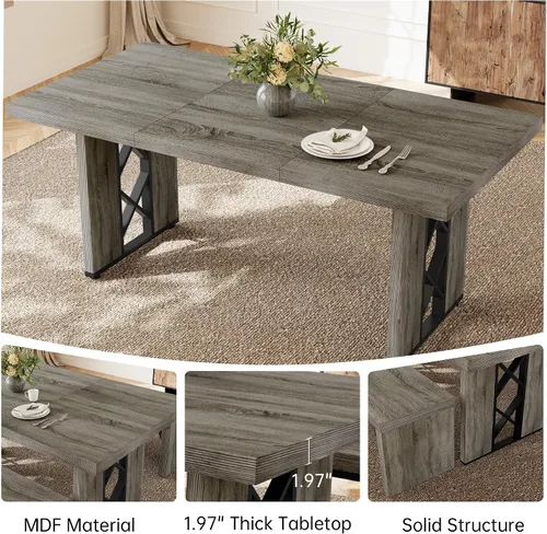 Vista 4 de HIPIHOM Mesa de comedor de granja de 70.8 pulgadas para 6 personas, mesa de cocina rectangular grande con patas resistentes, muebles de comedor