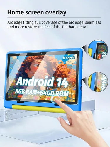 Vista 4 de Protector de pantalla para tableta URAO 2024 Android 14 para niños de 10 pulgadas, dureza 9H resistente al tacto, 2.5D, bordes redondeados sin