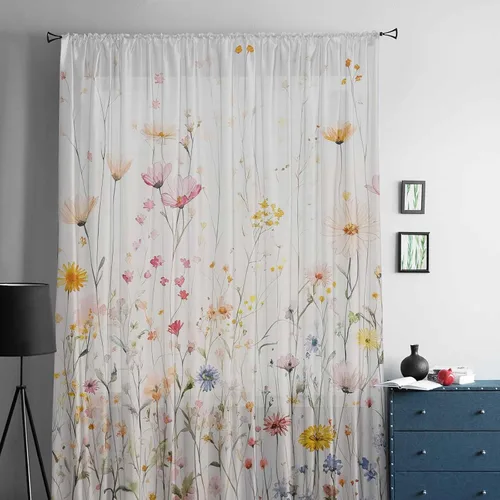 Vista 5 de Cortinas traslúcidas con estampado de flores botánicas de 45 pulgadas de largo, panel de cortina de gasa con estampado de acuarela y flores