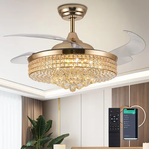 Vista 11 de Ventilador de Techo de Araña de Cristal de 48", Ventilador de Techo de Araña Retráctil Invisible Moderno con Luces, con Control Remoto