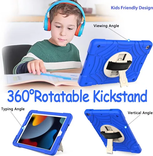 Vista 5 de BMOUO Funda para iPad de 9ª/8ª/7ª generación -10.2 pulgadas 2021/2020/2019 con protector de pantalla, soporte giratorio de 360º correa de mano