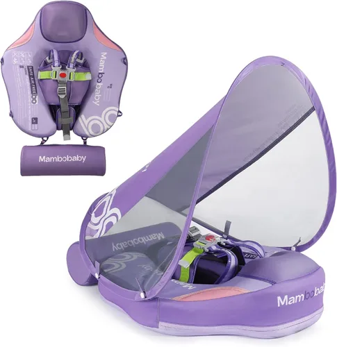 Vista 17 de Mambobaby Flotador para bebé con toldo y cola, flotador no inflable para piscina, correa de seguridad ajustable, entrenador de natación para niños