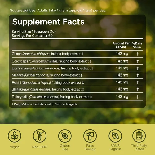 Vista 8 de Naturealm Suplemento en polvo de hongos orgánicos Sacred 7 Suministro para 60 días Mezcla 7 en 1 con melena de león, Reishi, Chaga Apoyo