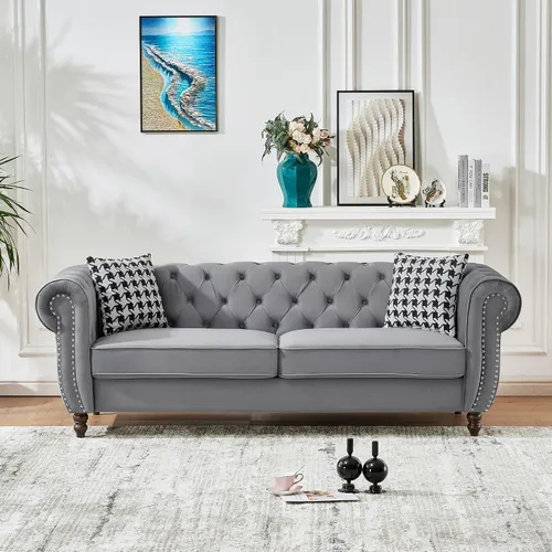 Vista 18 de Juego de 2 sofás de terciopelo negro moderno de mediados de siglo, sofá y sofá biplaza con botones copetudos, muebles para la sala, cómodo sofá Azul