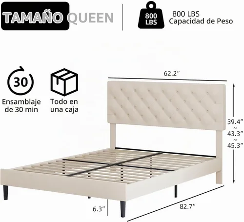 Vista 2 de BarnFurin Base de cama tamaño Queen, plataforma tapizada con cabecera capitoné con botones, marco de cama de tela con soporte de listones de madera