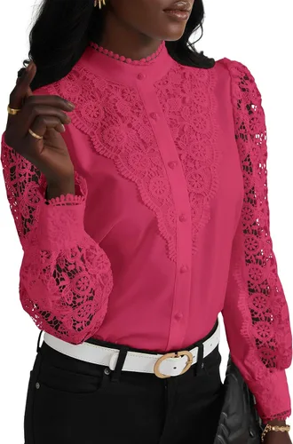 Vista 20 de Rooscier Blusa Elegante de Encaje de Crochet con Cuello Alto Simulado de Manga Larga con Botones para Mujer Top