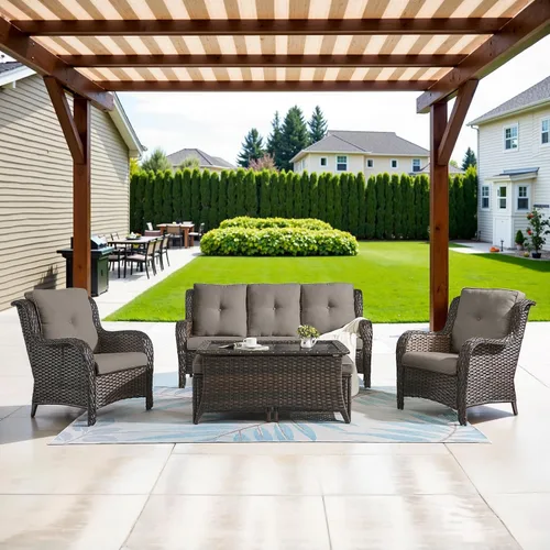 Vista 20 de Belord Mesa auxiliar pequeña para exteriores, mesa de mimbre de vidrio templado, mesa de centro impermeable para patio, mesa auxiliar de ratán