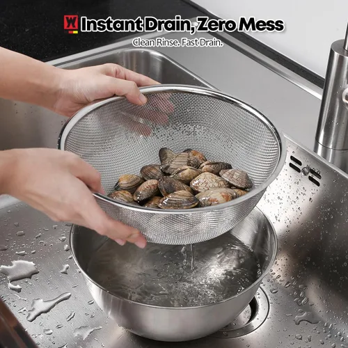 Vista 4 de WAGENSTEIGER Juego de tazón de acero inoxidable y colador de 3 patas, canasta de cocina multiusos con colador de malla fina, cuenco para mezclar