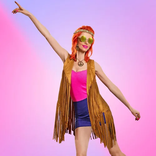Vista 6 de Conjunto de accesorios de disfraz hippie de los años 60, 70, 80, 90, juego de accesorios de gafas de sol con borlas y flecos, chaleco sin mangas