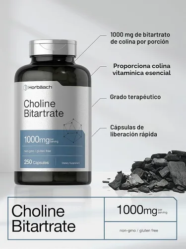 Vista 3 de Horbaach Suplemento de bitartrato de colina 1000 mg 250 cápsulas