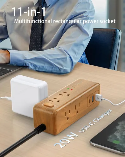 Vista 2 de Regleta de alimentación con 8 tomacorrientes con 2 puertos USB-A+1USB-C, estación de carga, cable de extensión larga, enchufe plano en ángulo recto