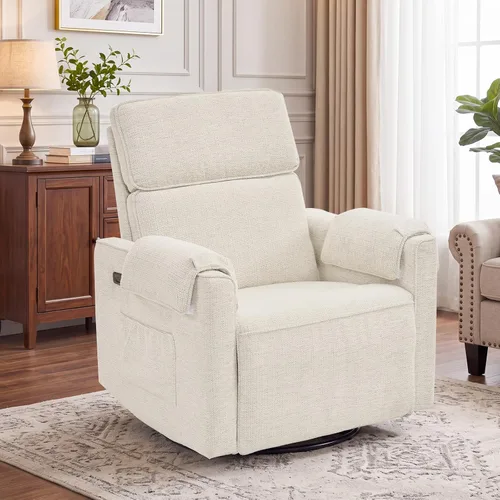 Vista 11 de Silla reclinable Power Rocker de gran tamaño, reclinable giratorio extra ancho de 24 pulgadas con reposacabezas ajustable, silla mecedora de Crema