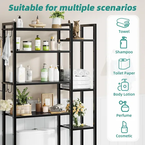 Vista 4 de Simple Trending Almacenamiento de 8 niveles sobre el inodoro con estante lateral, organizador de baño, estantes de metal para toallas, color negro