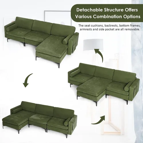 Vista 6 de OUDINI Sofá modular en forma de L, sofá reversible en forma de L, sofá modular de lino, con diván reversible y 2 puertos USB del ejército para sala
