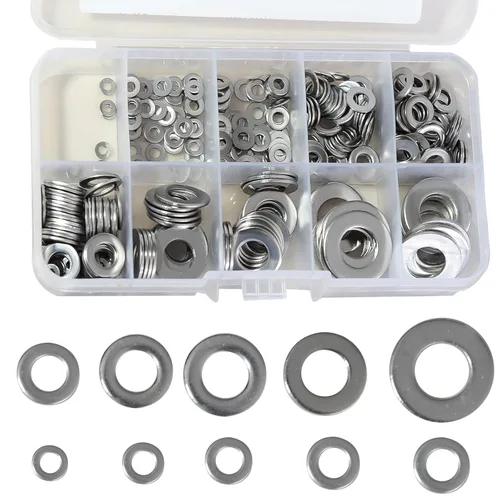 Vista 2 de Kit de 360 arandelas planas de acero inoxidable 304, 8 tamaños (M2-M10), espaciadores métricos, herrajes inoxidables
