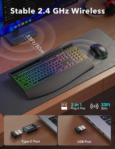 Vista 9 de Trueque Combo de teclado y mouse inalámbricos, teclado retroiluminado recargable de 4000 mAh con reposamuñecas y soporte para teléfono, escritura