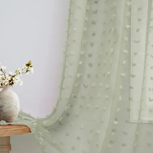 Vista 18 de Cortinas Beige Semitransparentes de 63 Pulgadas de Largo para Dormitorio, Sala de Estar, Guardería Infantil, Ventana con Diseño de Pompón