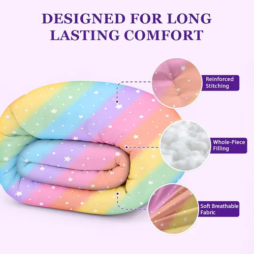 Vista 2 de Juego de ropa de cama arcoíris tamaño individual, edredón reversible de 5 piezas para niñas con sábana de bolsillo profundo, diseño degradado