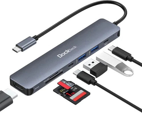 Vista 8 de dockteck Hub USB C 7 en 1 con HDMI 4K 60Hz, Ethernet de 1 Gbps, entrega de energía de 100 W, ranuras para tarjetas SD/TF, puertos de datos USB 3.0
