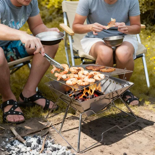 Vista 2 de Fogata portátil con parrilla para campamento, hoguera plegable de alta resistencia con parrilla de fogata y bolsa de transporte para exteriores
