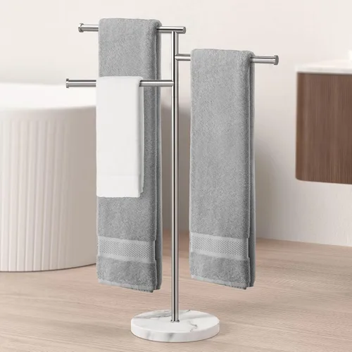 Vista 9 de KES Toalleros de pie para suelo de baño, giratorios, independientes, 2 brazos, con base de mármol pesada, acabado cepillado de acero inoxidable