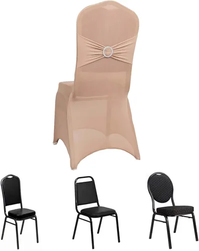 Vista 56 de Efavormart - Funda para silla de banquete de elastano beige con banda de hebilla de diamantes de imitación plateados, funda elástica para silla
