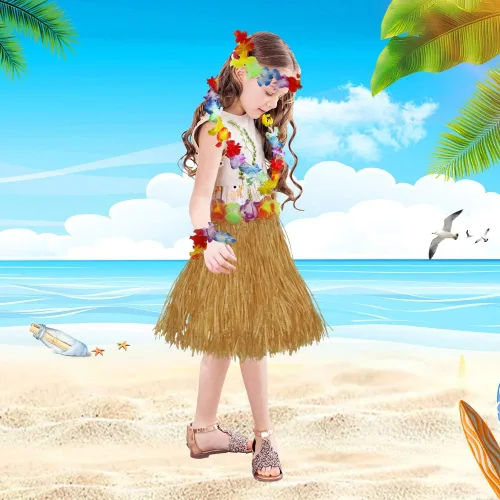 Vista 5 de Fortuning's JDS Hawaiian Hula Dancer Grass Skirt with Flower Costume Set Birthday Tropical Party Decorations