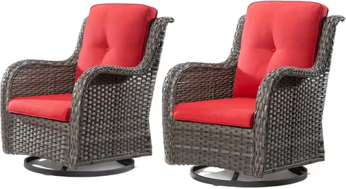Vista 27 de Juego de 2 sillas de patio giratorias de 360 grados para exteriores y mesa auxiliar a juego – 3 sillas deslizantes de mimbre para patio con cojines