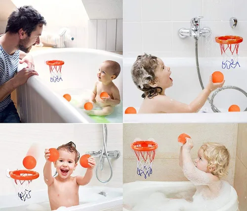 Vista 6 de Juguete de baño divertido con canasta de baloncesto y pelotas para niños y niñas, juguetes de baño para niños pequeños, regalo con 3 pelotas