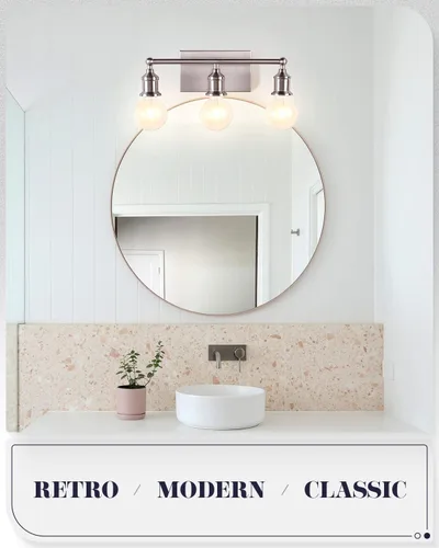 Vista 2 de Lámpara de tocador de 3 luces, moderna lámpara de pared de níquel cepillado, iluminación industrial de pared de tocador de baño para espejo, base