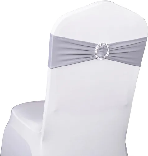 Vista 13 de Paquete de 50 bandas negras de elastano para sillas de boda, lazos con hebillas para fiestas, cumpleaños, fiestas, banquetes de jubilación