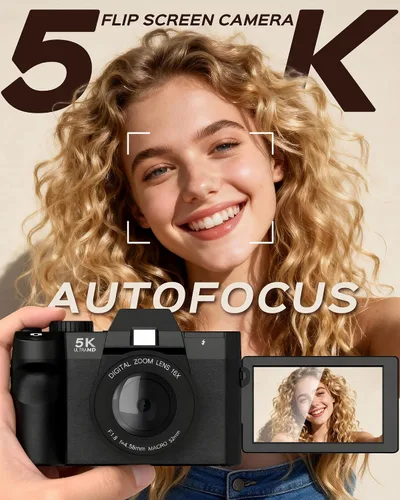 Vista 2 de Cámara digital 5K para fotografía con WiFi 48MP cámara de vlogging para principiantes con pantalla abatible, gran angular y lente macro, micrófono