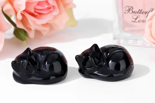 Vista 3 de QINJIEJIE Estatua de Gato de Obsidiana Negra Decoración de Cristales y Piedras Curativas Figura de Gatos Durmiendo Piedra Estatua Regalo Gemas