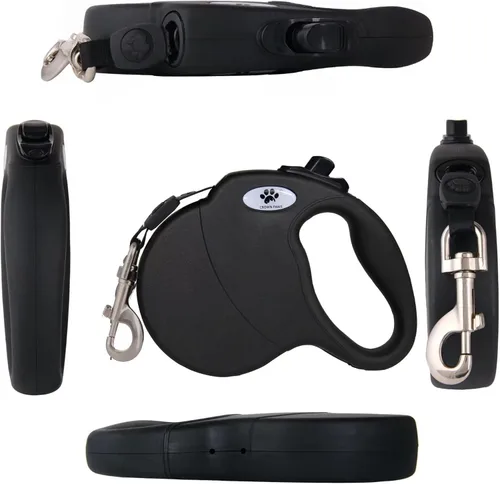 Vista 5 de Correa retráctil de 13 pies para perros grandes de hasta 26 libras, cinta de nailon sin enredos, color negro Dan S