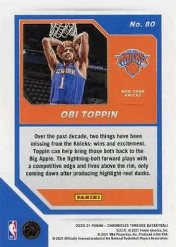Vista 2 de 2020-21 Panini Chronicles #80 Obi Toppin New York Knicks RC Rookie Card Official NBA Basketball Trading Card in Raw (NM or Better) Condition