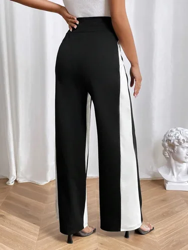 Vista 2 de SOLY HUX Pantalones largos casuales de cintura alta con rayas laterales para mujer