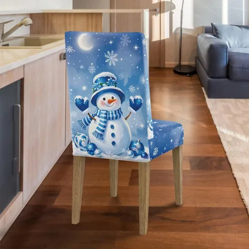Vista 6 de HUGS IDEA Juego de 2 fundas para sillas de comedor con diseño de muñeco de nieve azul para silla Parsons, de elastano, lavables, antipolvo