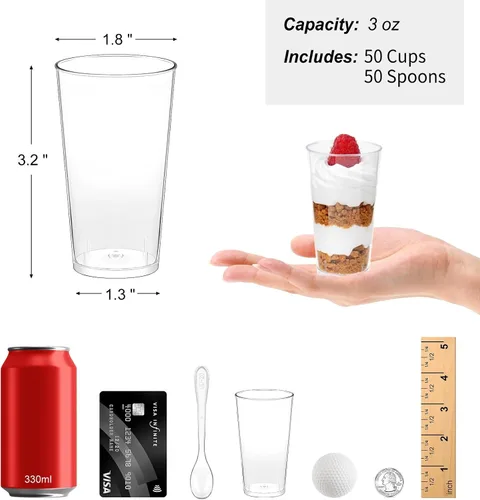 Vista 2 de Zezzxu Paquete de 50 vasos de postre de 3 onzas con cucharas, mini vasos de tiro para postres, pequeños vasos de plástico para servir aperitivos