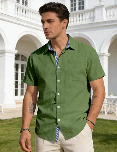 Vista 4 de Camisas con botones para hombre, manga corta, casual, verano, playa, vacaciones, boda, con bolsillo
