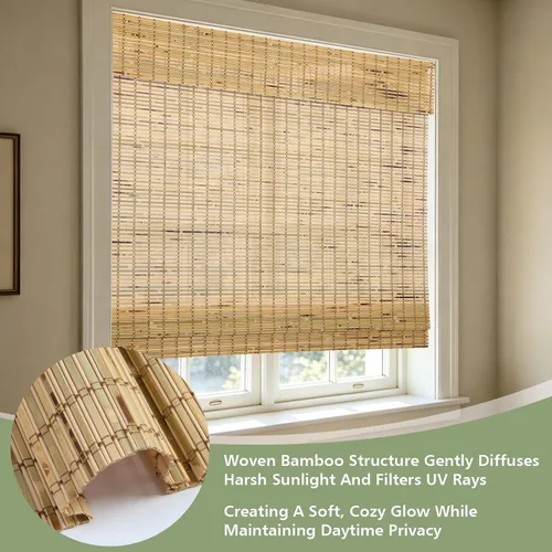 Vista 3 de Persianas Romanas de Bambú Sin Cordón con Oscurecimiento Total, Persianas Enrollables de Madera con Filtrado de Luz y Protección UV con Cenefa de 6