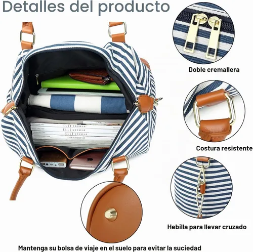 Vista 7 de CAMTOP Bolsa de Viaje para Mujeres Damas de Lona Fin de Semana Nocturno Equipaje de Mano Bolsas Rayas A-blue