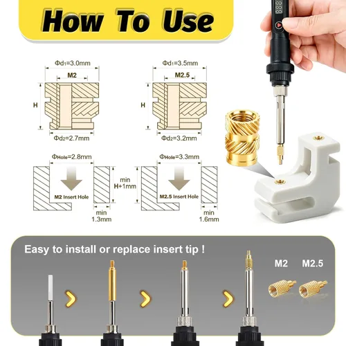 Vista 6 de 300 piezas de inserciones roscadas M2 M2.5 para plástico con puntas de ajuste térmico, kit de inserciones de ajuste térmico M2 y M2.5, inserciones