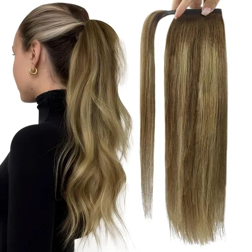 Vista 18 de Extensiones de cabello Full Shine con clip para cola de caballo, cabello humano, tonos medios marrones y rubio miel, envoltura alrededor de la cola