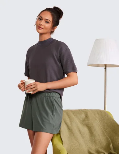 Vista 3 de CRZ YOGA Cómodos pantalones cortos acanalados para mujer, de cintura alta, lyocell para uso casual, para descansar, atlético, con bolsillos