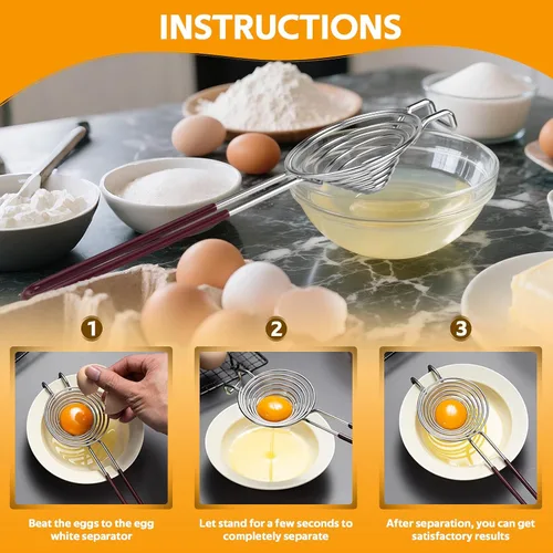 Vista 4 de Separador de huevos, herramienta de separación blanca de yema de huevo de acero inoxidable, herramienta separadora de clara de huevo de mango largo